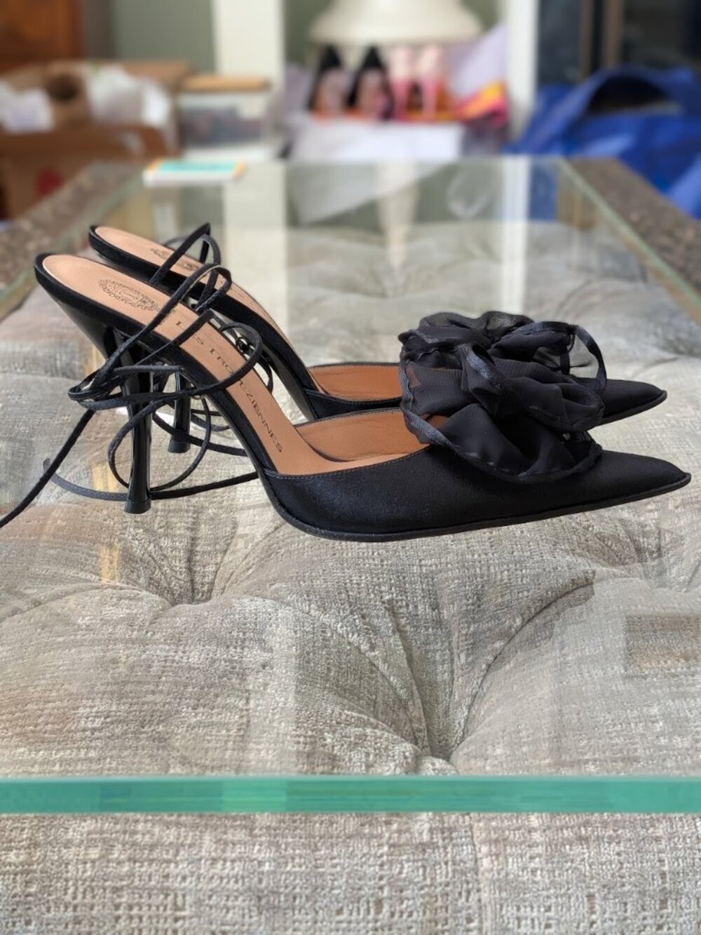 Vintage Les Tropeziennes Italy Black Satin Rosette Tie Up Pumps 37.5 Like New